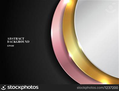 Abstract modern golden, silver, pink gold circle overlapping layered on black background with lighting effect. Luxury style. Vector illustration
