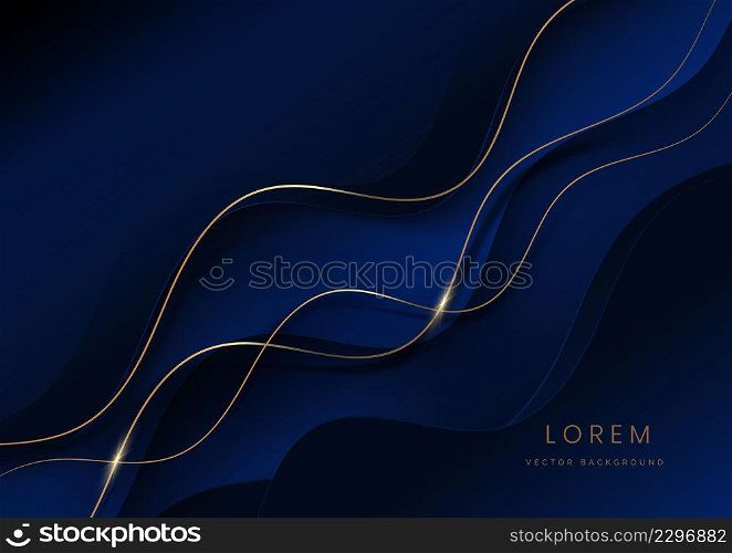Abstract modern luxury dark blue gradient fluid shape background with golden lines wave and copy space for text. Vector illustration