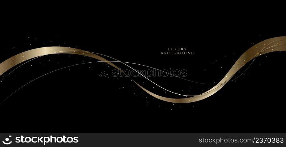 Abstract modern luxury golden wave lines and ribbon gold particles with lighting effect on black background. Vector graphic illustration