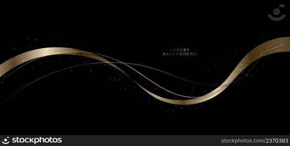Abstract modern luxury golden wave lines and ribbon gold particles with lighting effect on black background. Vector graphic illustration
