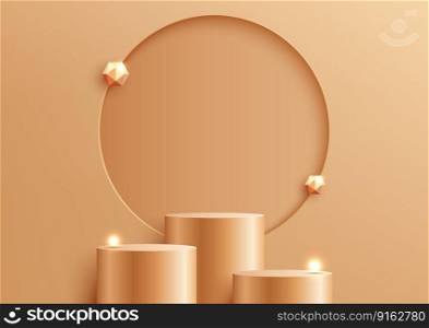 Abstract modern luxury product display. 3D golden podium stand with empty gold circle backdrop and gold light bulb, geometric elements on studio room background. You can use for beauty cosmetic advertising, mockup product showcase, business presentation, showroom, exhibition, etc. Vector illustration