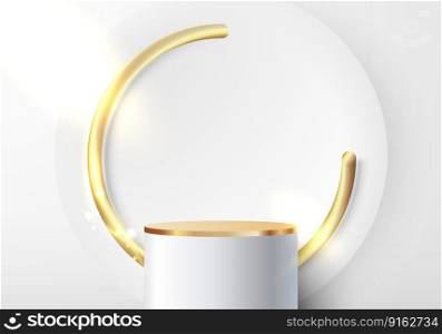 Abstract modern luxury product display. 3D realistic elegant white and gold cylinder podium stand with golden circle backdrop minimal wall scene on white background. You can use for beauty cosmetic advertising, mockup product showcase, business presentation, showroom, exhibition, etc. Vector illustration