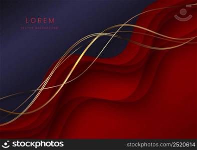 Abstract modern luxury purple and red gradient fluid shape background with golden lines wave and copy space for text. Vector illustration