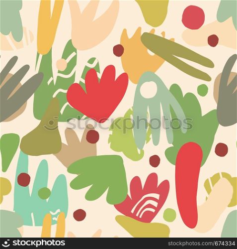 Abstract modern natural colorful shapes or blots. Contemporary seamless pattern. Concept trendy fabric textile design on white background. Abstract modern natural colorful shapes or blots.