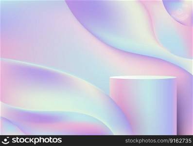 Abstract modern product display. 3D pastel color podium stand with liquid or fluid dynamic shapes holographic background. You can use for beauty cosmetic advertising, mockup product showcase, business presentation, showroom, exhibition, etc. Vector illustration