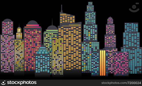 Abstract modern skyscrapers with colorful windows, retro background.