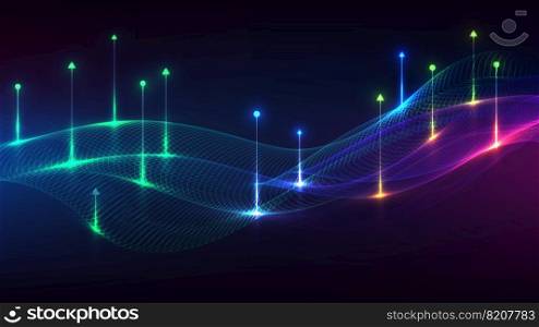 Abstract modern technology digital futuristic concept dynamic mesh blue wave lines with arrows lines and lighting effect on dark background. You can use for tech cyberspace, high tech, big data connection, etc. Vector illustration