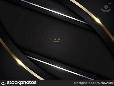 Abstract modern template luxury style black stripes with golden lines and lighting sparkles decoration design on dark background. Vector graphic illustration
