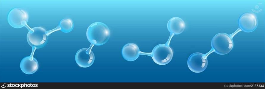 Abstract molecular structure from shiny glass spheres. Vector realistic set of 3d molecules, chemical or biotechnology models with transparent crystal balls isolated on blue background. Abstract molecules from shiny glass spheres