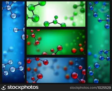 Abstract molecules banners. Science cell research, chemistry molecules and molecular structure banner. Atom or dna structure brochure, cells medical scientific vector illustration set. Abstract molecules banners. Science cell research, chemistry molecules and molecular structure banner vector illustration set