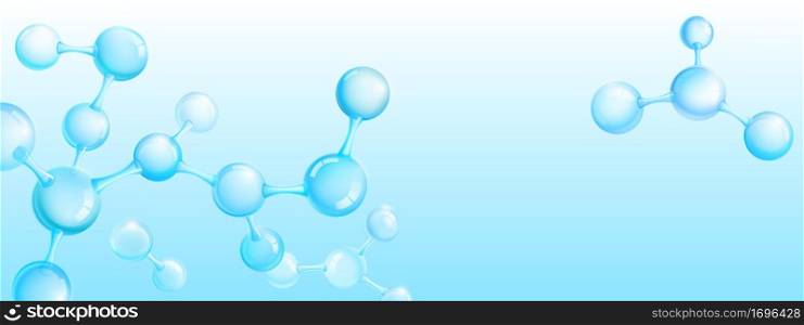 Abstract molecules on blue background. Concept of science, chemistry, medicine and microscopic laboratory research. 3d vector atoms models structure, formula elements for scientific or medical banner. Abstract molecules on blue background, vector