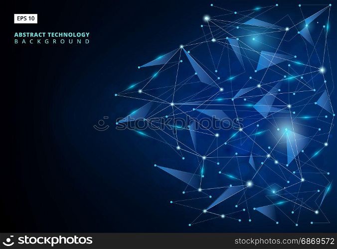 Abstract molecules technology with linear and polygonal pattern shapes on dark blue background. Illustration Vector design digital technology concept