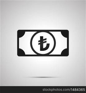 Abstract money banknote with turkish lira sign, simple black icon with shadow. Abstract money banknote with turkish lira sign, simple black icon with shadow on gray