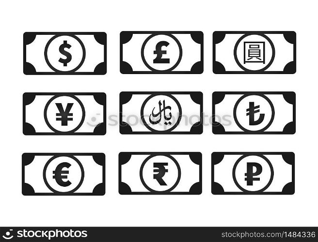 Abstract money banknotes with common currency signs like us dollar, pound, yen, yuan, ruble, euro, rupee, rial, lira isolated on white. Money banknotes with common currency signs like us dollar, pound, yen, yuan, ruble, euro, rupee, rial, lira isolated on white