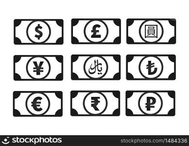 Abstract money banknotes with common currency signs like us dollar, pound, yen, yuan, ruble, euro, rupee, rial, lira isolated on white. Money banknotes with common currency signs like us dollar, pound, yen, yuan, ruble, euro, rupee, rial, lira isolated on white