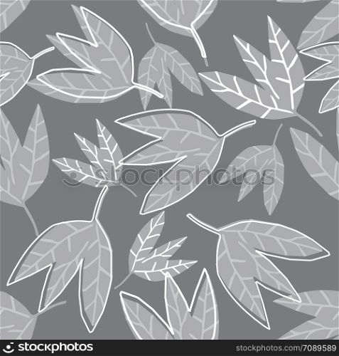 Abstract monochrome leaves wallpaper on black background. Hand draw tropical seamless pattern. Design for fabric, textile print, wrapping. Vector illustration. Abstract monochrome leaves wallpaper on black background.