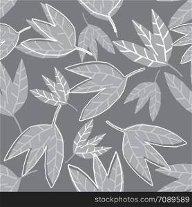 Abstract monochrome leaves wallpaper on black background. Hand draw tropical seamless pattern. Design for fabric, textile print, wrapping. Vector illustration. Abstract monochrome leaves wallpaper on black background.