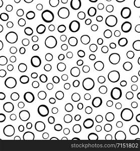 Abstract monochrome seamless pattern with circle round shapes elements on white background. Hand drawn simple design texture with chaotic shapes. Vector illustration. Abstract monochrome seamless pattern with circle round shapes elements