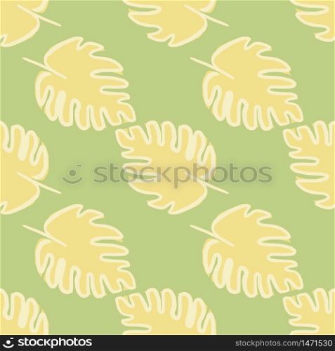 Abstract monstera leaf seamless pattern on green background. Exotic jungle wallpaper. Design for fabric, textile print, wrapping paper, cover. Vector illustration. Abstract monstera leaf seamless pattern on green background. Tropical leaves vector illustration. Exotic jungle wallpaper.