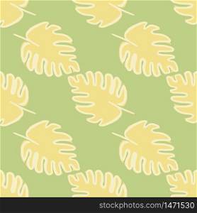 Abstract monstera leaf seamless pattern on green background. Exotic jungle wallpaper. Design for fabric, textile print, wrapping paper, cover. Vector illustration. Abstract monstera leaf seamless pattern on green background. Tropical leaves vector illustration. Exotic jungle wallpaper.