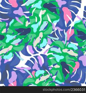 Abstract monstera leaves tropical seamless pattern. Rainforest background. Creative palm leaf endless wallpaper. Exotic hawaiian jungle backdrop. Design for fabric , textile print, wrapping, cover. Abstract monstera leaves tropical seamless pattern. Rainforest background.