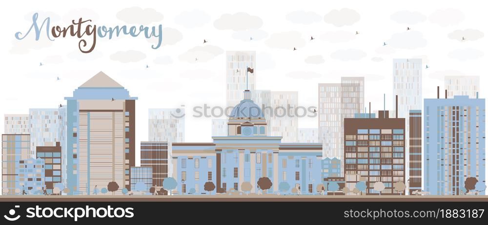 Abstract Montgomery Skyline with Color Building. Alabama. Business travel and tourism concept with modern buildings. Image for presentation, banner, placard and web site.