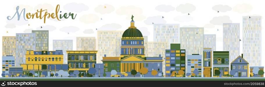 Abstract Montpelier (Vermont) city skyline with color buildings. Vector illustration. Business travel and tourism concept with modern buildings. Image for presentation, banner, placard and web site