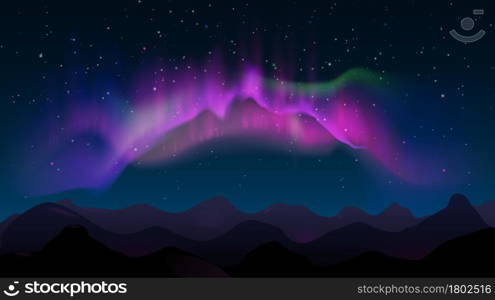 Abstract mountain night landscape with aurora borealis and stars. Northern colored lights in sky, polar natural glowing vector illustration. Sky aurora light in night mountain landscape. Abstract mountain night landscape with aurora borealis and stars. Northern colored lights in sky, polar natural glowing vector illustration