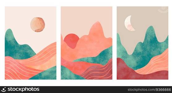 Abstract mountains. Aesthetic minimalist landscape with desert, mountain an sun or moon. Watercolor and paper textured print, vector posters. Illustration mountain landscape, travel art minimal scene. Abstract mountains. Aesthetic minimalist landscape with desert, mountain an sun or moon. Watercolor and paper textured print, vector posters