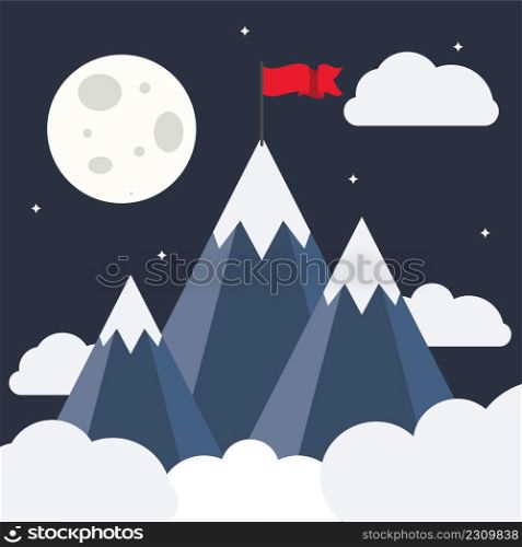 Abstract mountains with red flag on top illustration.