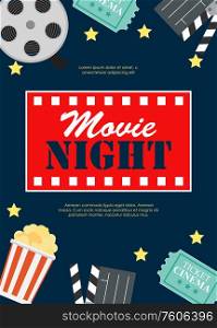 Abstract Movie Night Cinema Flat Background with Reel, Old Style Ticket, Big Pop Corn and Clapper Symbol Icons. Vector Illustration EPS10. Abstract Movie Night Cinema Flat Background with Reel, Old Style Ticket, Big Pop Corn and Clapper Symbol Icons. Vector Illustration
