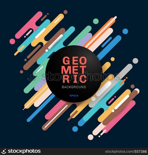Abstract multicolor diagonal rounded shapes lines transition on dark background with black circle label. Element halftone style bright color. Vector illustration