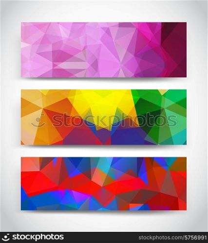 Abstract multicolor geometric triangles banners set on gray background