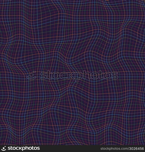 Abstract multicolor lines grid pattern wave curve on dark background. Rough texture. Vector illustration. Abstract multicolor lines grid pattern wave curve on dark backgr