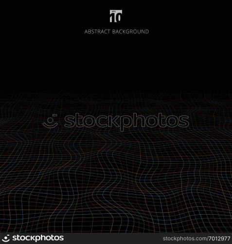 Abstract multicolor lines grid pattern wave curve perspective on dark background. Rough texture. Vector illustration