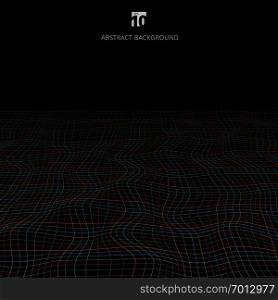 Abstract multicolor lines grid pattern wave curve perspective on dark background. Rough texture. Vector illustration