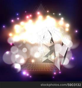 Abstract multicolored backgrounds with bokeh lights and stars. Vector 3D pyramids, scientific or digital design, science vector illustration.