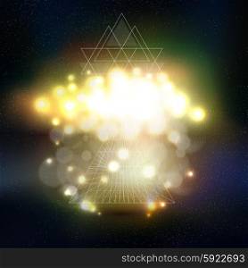Abstract multicolored backgrounds with bokeh lights and stars. Vector 3D pyramids, scientific or digital design, science vector illustration.