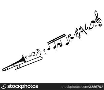 Abstract music background with different notes and wind instrument