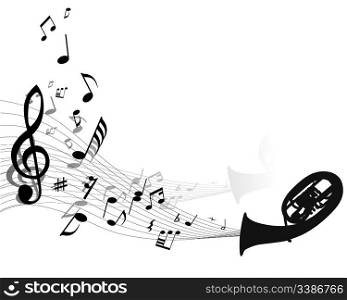 Abstract music background with different notes and wind instrument