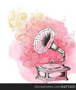 Abstract music background with vintage gramophone, flowers and pink watercolor texture. Hand drawn vector illustration. Music background with vintage gramophone