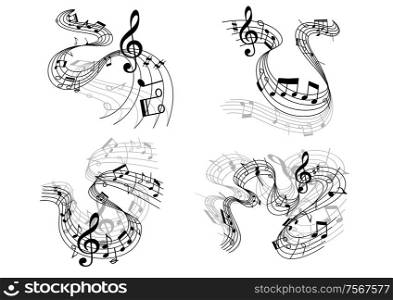 Abstract musical compositions depicting swirling staffs with clefs and music notes