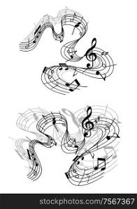 Abstract musical compositions with notes and sound waves for art or music concert design