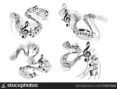 Abstract musical melody compositionswith treble clef, musical notes and waves, isolated on white background for art, symphony, opera, pop or jazz