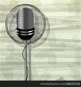 Abstract musical template with retro style metallic microphone and butterflies
