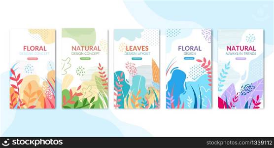 Abstract Natural Pages Set for Social Media Network. Mobile Application Wallpapers Kit with Exotic Flowers, Plants Leaves and Tropical Foliage. Vector Banner Templates. Vertical Mockup Illustration. Social Media Network Abstract Natural Pages Set