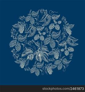 Abstract natural round wreath blue background with beer herbal hop plants in sketch style vector illustration. Abstract Natural Round Wreath Blue Background