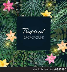 Abstract Natural Tropical Frame Background with Palm and other Leaves and Lily Flowers. Vector Illustration EPS10. Abstract Natural Tropical Frame Background with Palm and other Leaves and Lily Flowers. Vector Illustration