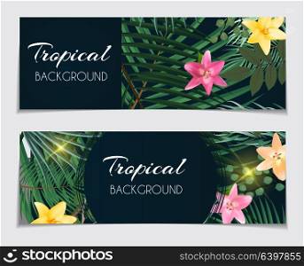 Abstract Natural Tropical Gift Voucher, Discount Card Background with Palm and other Leaves and Lily Flowers. Vector Illustration EPS10. Abstract Natural Tropical Gift Voucher, Discount Card Backgroun