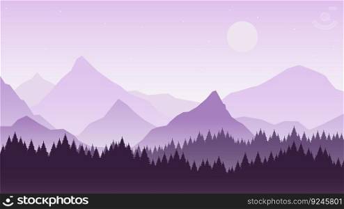 Abstract nature purple, blue background. Landscape mountains, rocks silhouettes, hills and forest. Moon on starry sky, early sunrise fog vector of nature landscape mountain silhouette illustration. Abstract nature purple, blue background. Landscape mountains, rocks silhouettes, hills and forest. Moon on starry sky, early sunrise fog vector scene